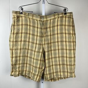 Tommy Bahama Mens Shorts 100% Linen Gold Brown Green Plaid 11" Inseam Size 42‎
